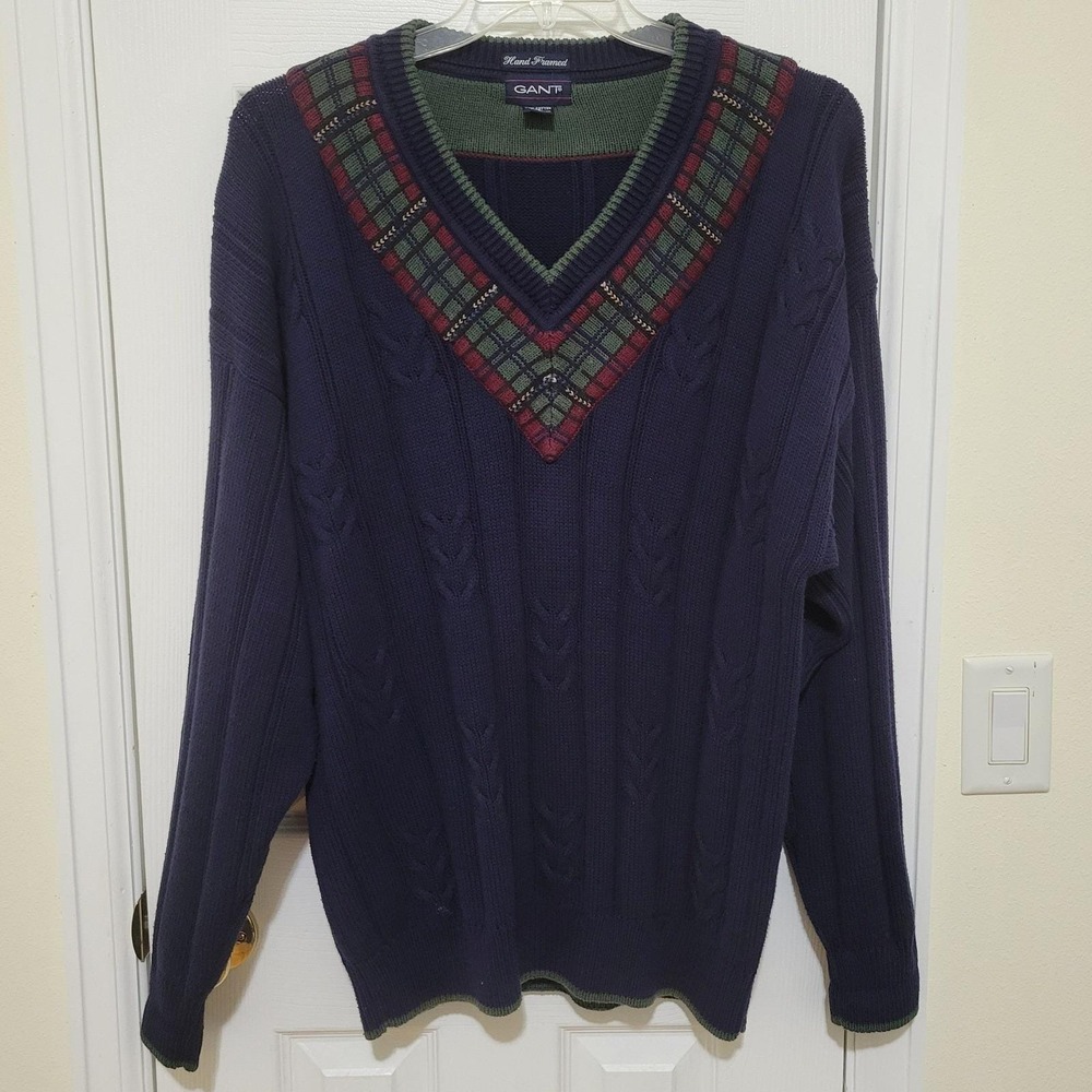 Gant Mens XL Navy Blue Cotton Cable Knit V-Neck Plaid Trim Sweater Hand Framed